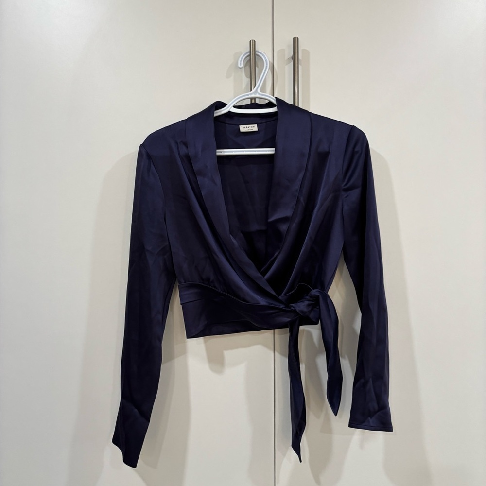 Babaton Deep Blue Satin Wrap Blouse